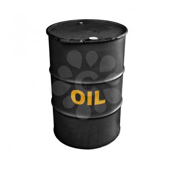 Black metal barrel with yellow oil text label isolated on white background