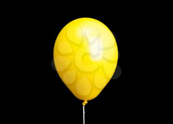 Yellow balloon on white ribbon isolated on black background