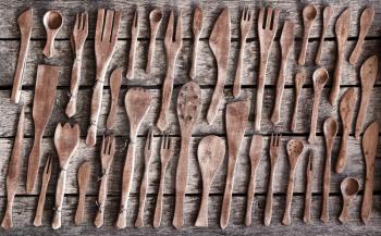 Huge set of different old wooden tableware