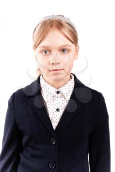 Portrait of blond Caucasian schoolgirl  isolated on white 