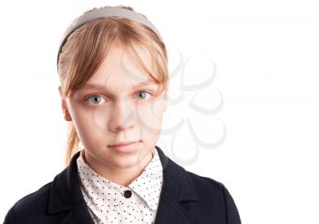 Closeup portrait of blond Caucasian schoolgirl  isolated on white 