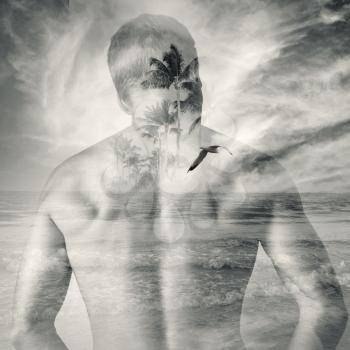 Back of Strong young man, double exposure photo combined with coastal sea landscape with palms and a seagull