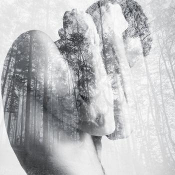 Strong young man hides behind his blocking hands, double exposure photo combined with wild forest landscape