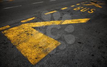 Yellow bus stop marking on dark asphalt road