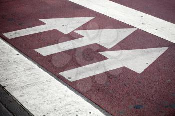 Pedestrian crossing with road marking: white arrows and rectangles on the dark asphalt road