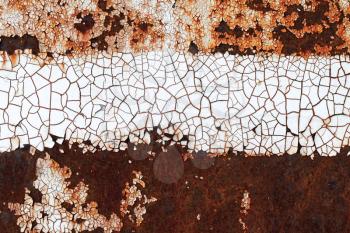 Old rusted metal wall texture with abstract pattern on cracked white painting