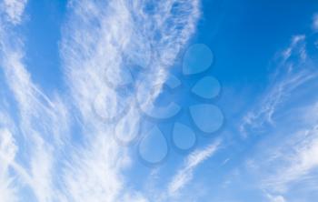 Cirrus clouds in bright blue sky, natural background photo texture