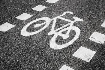 Bicycle lane. White road marking over dark urban asphalt road