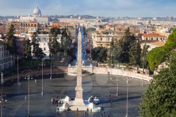 Rome, Italy. Morning cityscape. Piazza del Popolo, looking west from the Pincian Hill