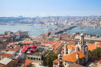 Istanbul, Turkey. Summer cityscape with bridge over Golden Horn a major urban waterway and the primary inlet of the Bosphorus. Photo taken from the viewpoint of Galata tower