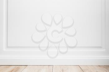 Abstract empty interior background, white wall and wooden floor, front view