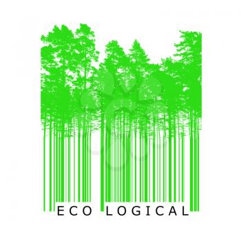 Ecological product bar code concept with bright green trees silhouettes