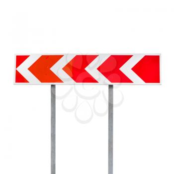 Dangerous turn. Red and white stripped arrow. Road sign isolated on white background