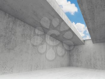 Empty room interior with concrete walls and blue sky in ceiling window. Abstract modern architecture background, 3d render