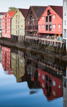 Colorful wooden houses in old town of Trondheim, Norway