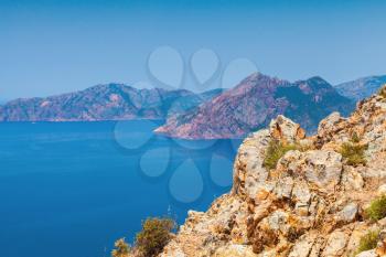 Coastal landscape of Corsica island with rocks and sea. Gulf of Porto, view from Capo Rosso, Piana region