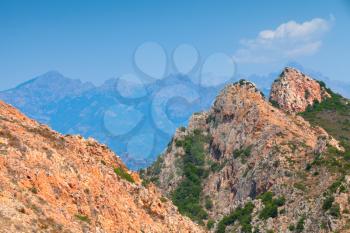 South region of Corsica island, France. Landscape of Piana area with mountains and sky