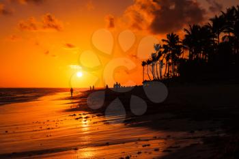 Sunrise over Atlantic ocean coast. Dominican republic, Punta Cana beach, ordinary people walking on sandy beach in red morning sunlight