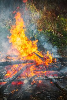 Closeup vertical photo of burning firewood in big bonfire