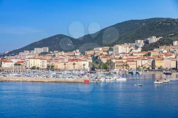 Ajaccio, coastal cityscape, harbor with marina and passenger terminal, Island Corsica, France