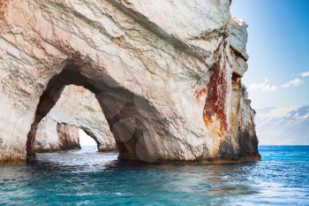Blue caves. Rocks of Greek island Zakynthos with rocky arches natural landmark, popular touristic destination