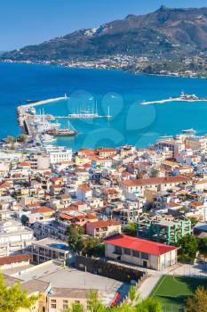 Vertical coastal landscape of Zakynthos, Greek island in the Ionian Sea. Entrance to main city port