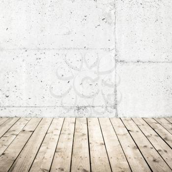 Abstract empty square interior background, wooden floor and white concrete wall