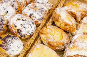 Sweet buns with berries and sugar powder lay on shelves of bakery shop