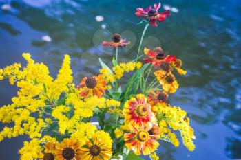 Bouquet of bright colorful summer flowers over blurred blue background