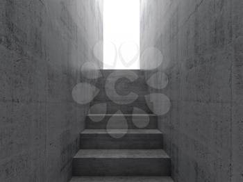 Stairway goes up to the glowing white opening, abstract empty dark concrete interior background, front view, 3d illustration 