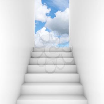 White stairway goes up to the open door with cloudy sky outside, abstract empty interior background, front view, 3d illustration 