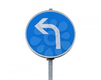 Turn left road sign isolated on white background, close up photo