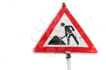Roadworks, under construction, men at works. Triangle road sign isolated on white background, close up photo