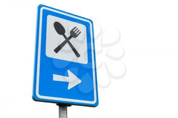 Dinning service road sign isolated on white background, close up photo