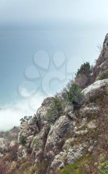 Crimea peninsula, Black Sea. Coastal rocks in foggy spring day, vertical photo