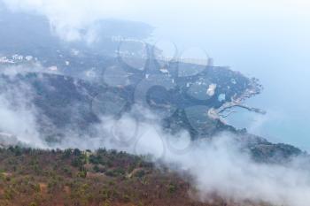 Crimea peninsula, Black Sea. Coastal landscape of Laspi district in foggy spring day