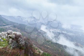 Crimea peninsula, Black Sea. Coastal landscape of Laspi district in foggy spring day