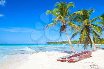Coconut palms and old red pleasure boat are on white sandy beach. Caribbean Sea, Dominican republic landscape, Saona island coast, touristic resort