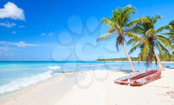 Coconut palms and old red pleasure boat are on white sandy beach. Caribbean Sea, Dominican republic, Saona island coast, popular touristic resort