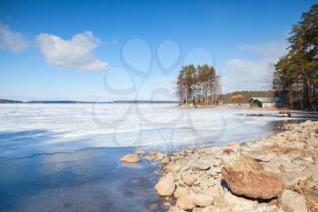 Spring Finnish landscape. Coast of Saimaa lake, Imatra, Finland