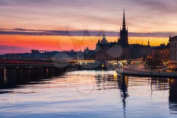 Silhouette cityscape of Gamla Stan city district, central Stockholm with German Church spire as a skyline dominant