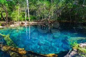 Still blue lake in wild forest, natural landscape of Dominican Republic