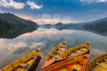 Colorful boats at Begnas lake, Pokhara region, Nepal