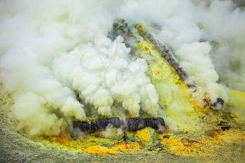 Sulfur mine Inside crater of Ijen volcano, East Java, Indonesia