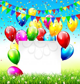 Celebration background with paper frame buntings balloons grass lawn and confetti on sky background