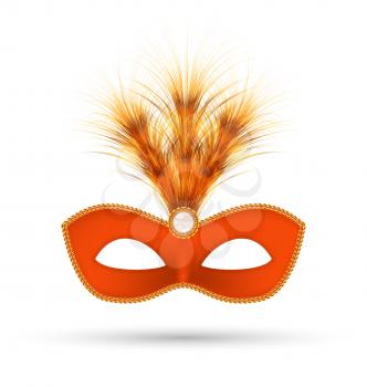 Orange carnival mask with fluffy feathers isolated on white background