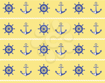 Seamless sea pattern. Blue wheel and stern anchor on yellow background