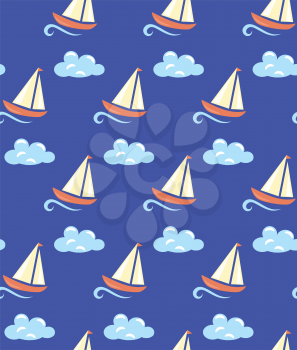 Seamless sea pattern. Yacht on light blue wave and light blue cloud on blue background
