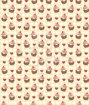 Seamless sweet pattern with cupcake and hearts on yellow background