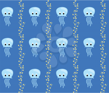 Seamless sea pattern Blue jellyfish and yellow algae on blue background